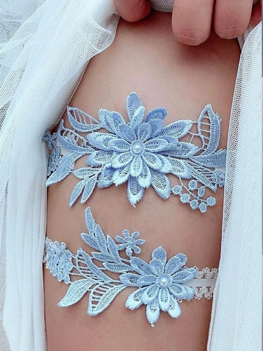 Lace Floral Garter Set in Light Blue